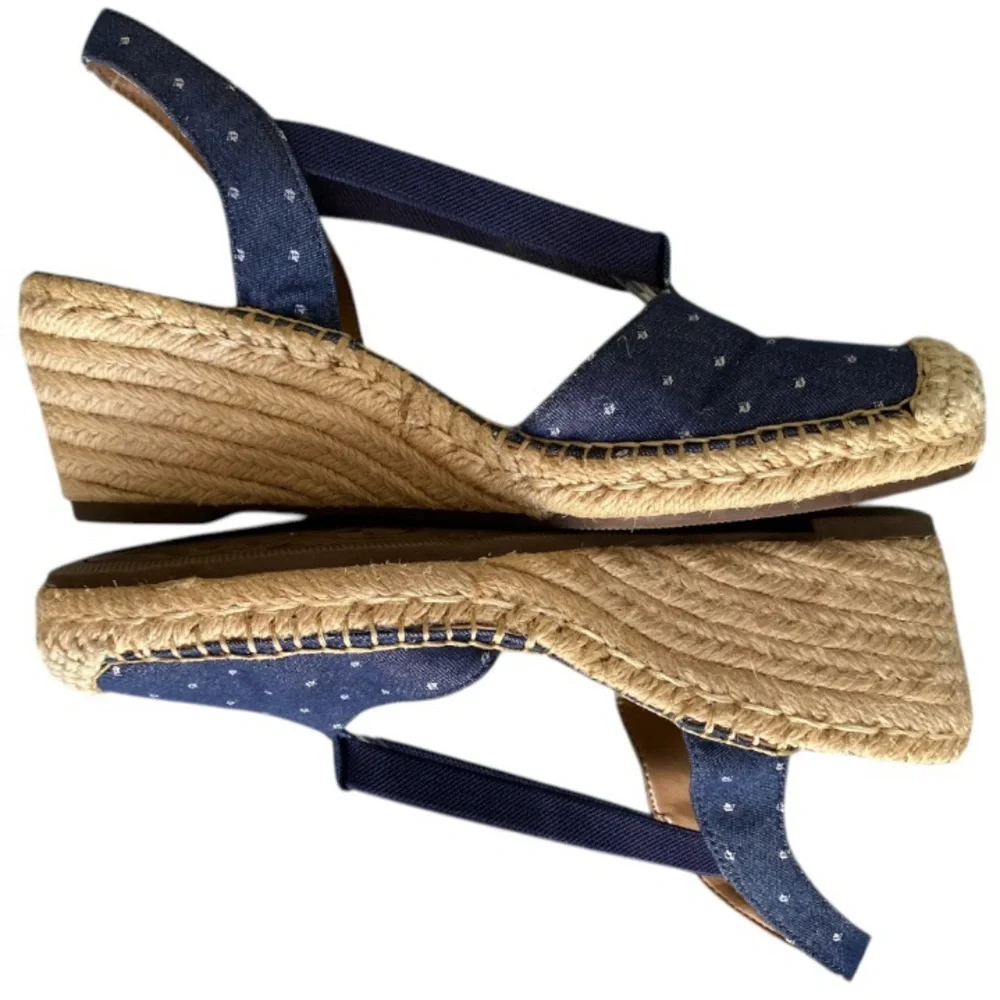 Clarks Blue Polka Dot Espadrille Wedge Sandals Coastal Resort Vacation Sz 8